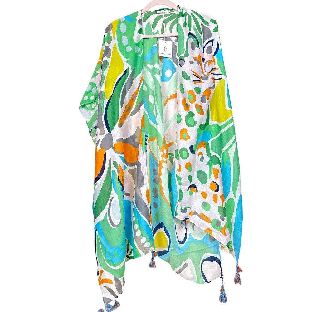 Do Everything In Love Womens White Multi Tropical Kimono Cover Up Duster NWT